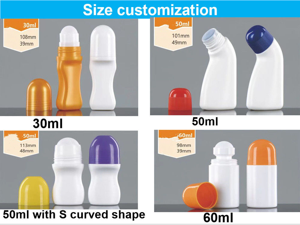 30 ml de protetor solar de 50 ml de HDPE para cuidados corporais óleo essencial vazio Botão de desodorante de plástico com bola de rolos para odor corporal