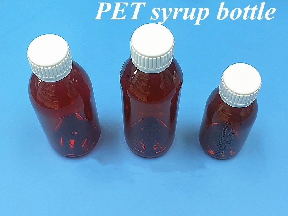 Farmacêutico 100 ml 120 ml 150 ml Ambar Vazio Plástico PET xarope de âmbar plástico Garrafa para xarope com tampa Ropp