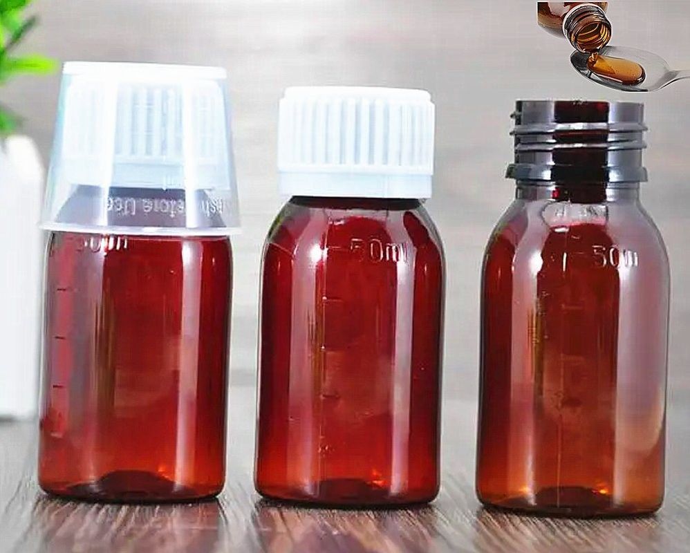 100 ml 120 ml 150 ml Amplio Pet Container Vermelho xarope de tosse frasco Medicamento líquido oral marrom garrafas de plástico