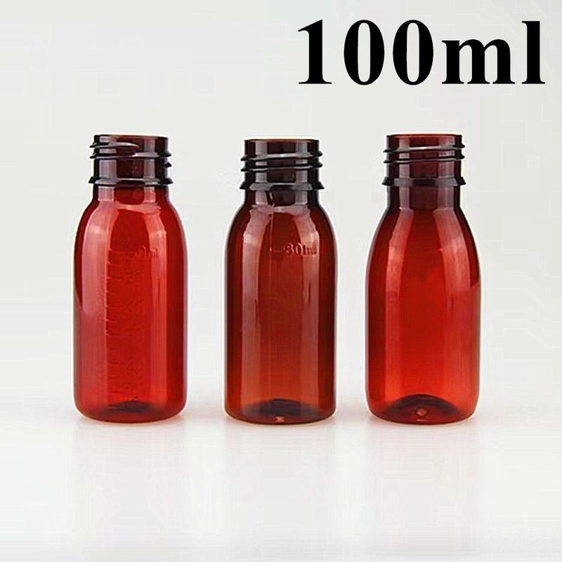 100 ml 120 ml Frasco de xarope de plástico de âmbar líquido com tampa de parafuso Frasco de plástico de xarope de âmbar PET redondo vazio
