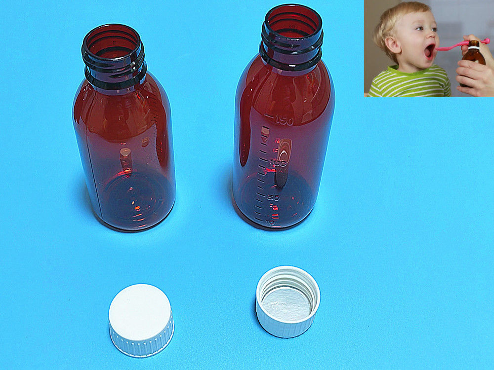 100 ml 120 ml 150 ml DIN28 PET de plástico Marrom Frasco Líquido Oral Ambar Medicamento xarope para tosse Frasco para Ropp Cap