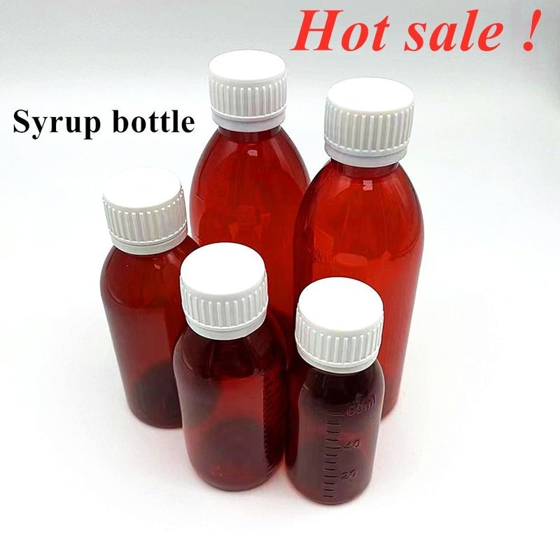 100 ml 120 ml 150 ml DIN28 PET de plástico Marrom Frasco Líquido Oral Ambar Medicamento xarope para tosse Frasco para Ropp Cap