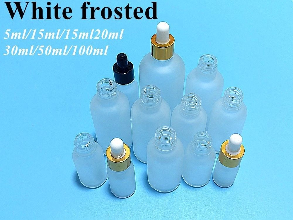 5 ml 10 ml 15 ml 20 ml 30 ml 1 oz frasco de óleo essencial vazio Garrafa de vidro congelado branco Garrafa com tampa de gotas de anel de ouro