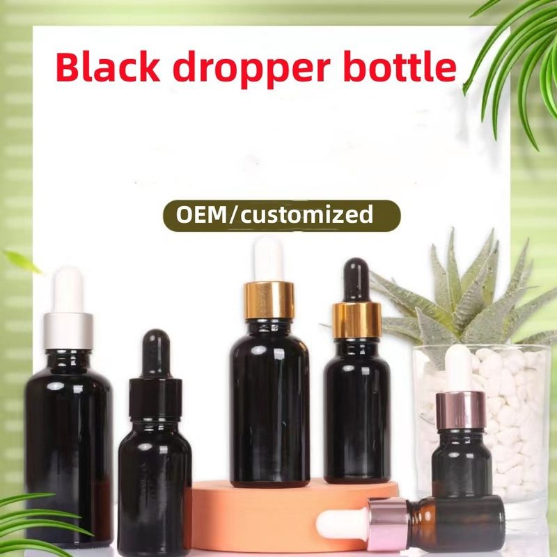 Venda a retalho Barato 5ml 10ml 15ml 20ml 30ml 50ml Botões de óleo essencial de vidro de cor preta vazios com conta-gotas
