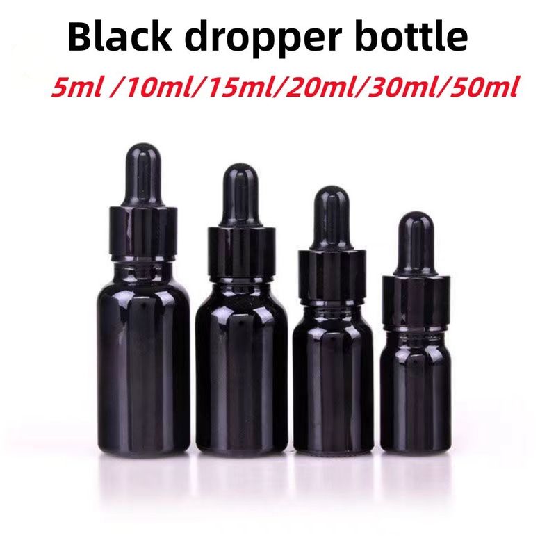 Venda a retalho Barato 5ml 10ml 15ml 20ml 30ml 50ml Botões de óleo essencial de vidro de cor preta vazios com conta-gotas