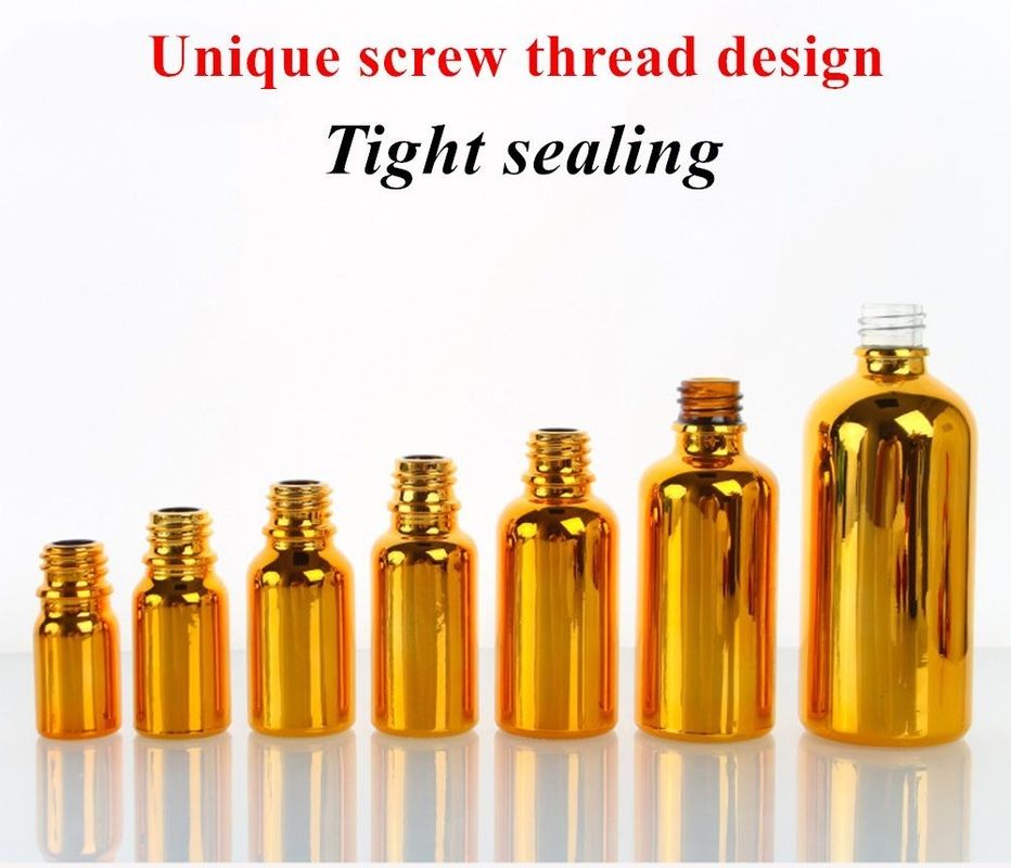 Luxo Brilhante 30ml 50ml 60ml Ouro Electroplate UV Sero vidro dourado Óleo essencial Garrafa de vidro com cabeça de spray