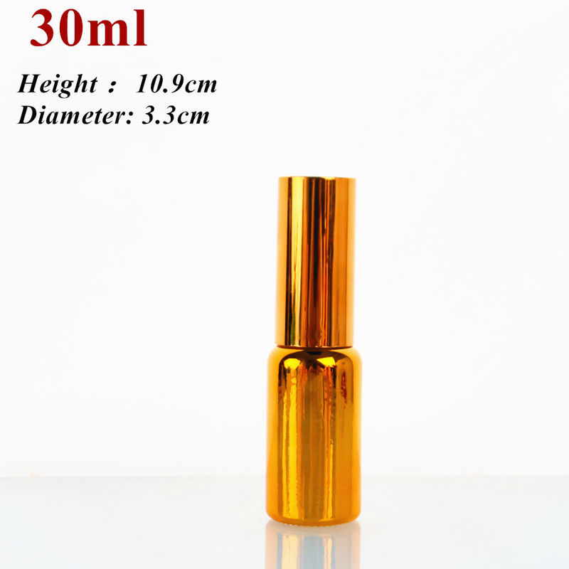 Luxo Brilhante 30ml 50ml 60ml Ouro Electroplate UV Sero vidro dourado Óleo essencial Garrafa de vidro com cabeça de spray