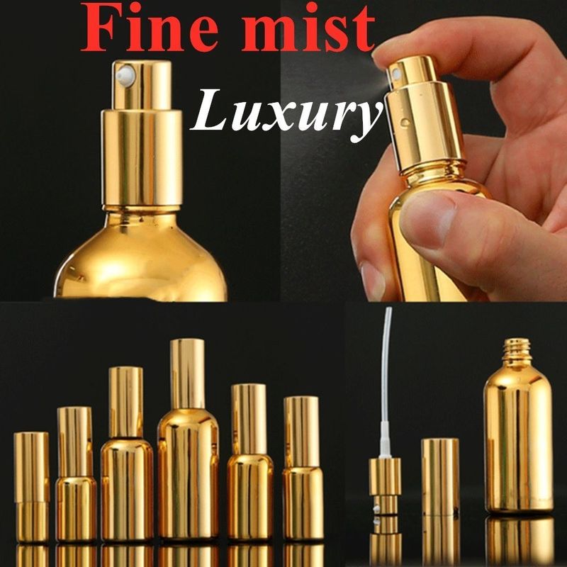 Luxo Brilhante 30ml 50ml 60ml Ouro Electroplate UV Sero vidro dourado Óleo essencial Garrafa de vidro com cabeça de spray