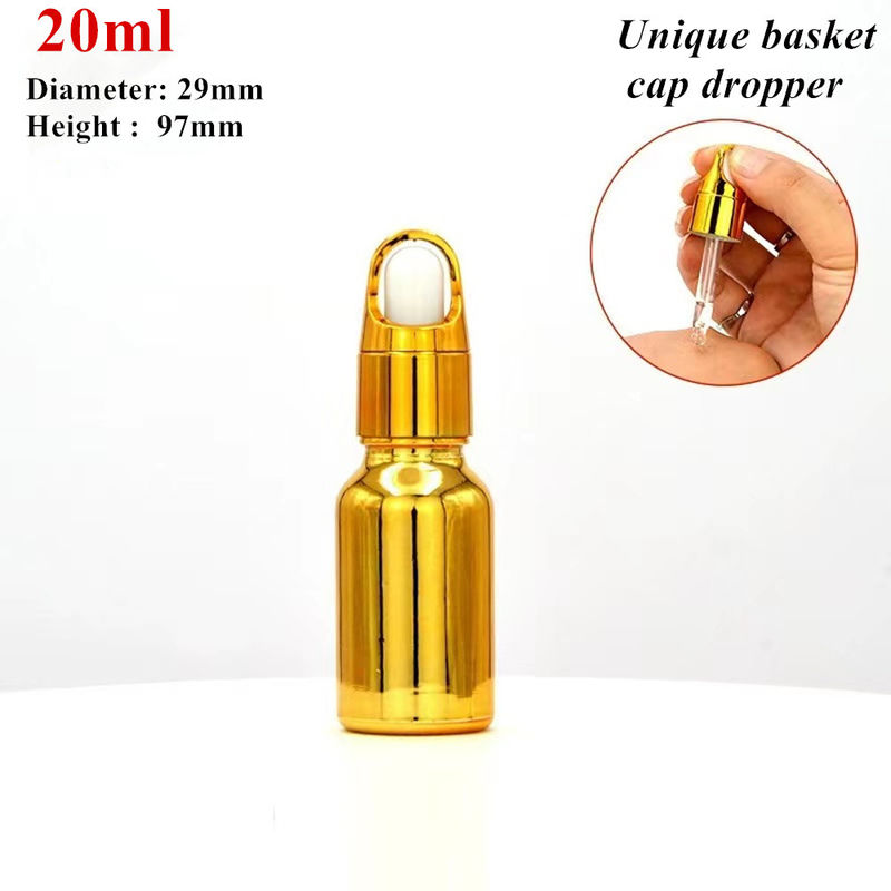 10 ml 20 ml 30 ml 50 ml Electroplate Color Gold Luxury Cosmetic Packaging Garrafas de vidro para uso de óleo essencial