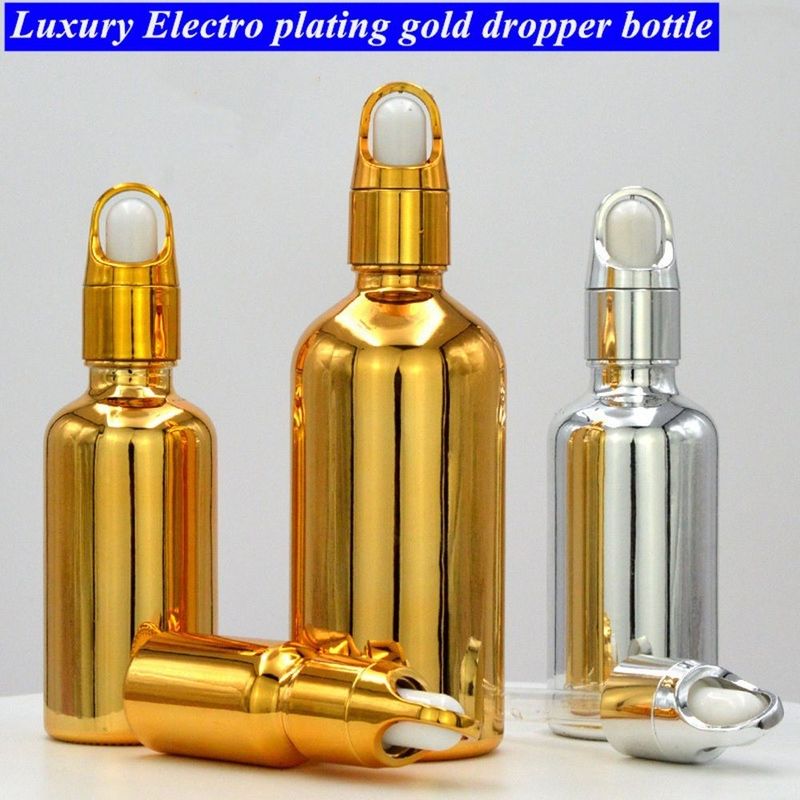 10 ml 20 ml 30 ml 50 ml Electroplate Color Gold Luxury Cosmetic Packaging Garrafas de vidro para uso de óleo essencial
