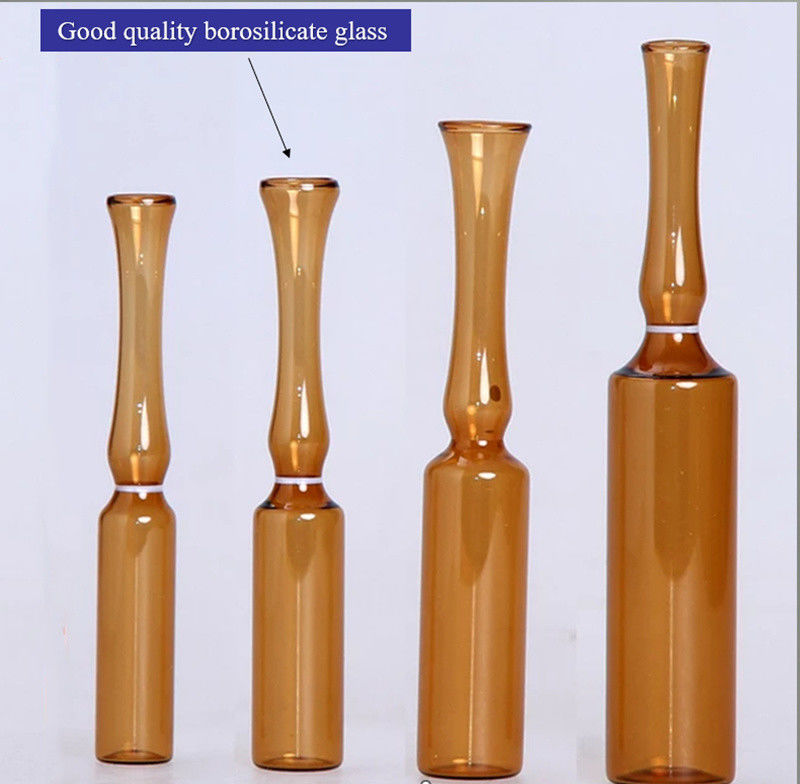 Ampola de vidro tubular de âmbar transparente de 5 ml, 10 ml e 20 ml com anel de cor, ruptura médica Ampola de vidro de borosilicato neutro