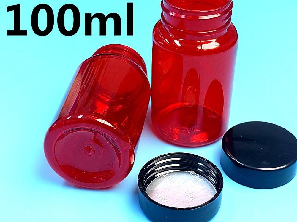 100 ml Vermelho Botões de pílulas de plástico PET de baixo MOQ vazios Botões de cápsulas de pílulas de vitaminas de plástico personalizadas com tampa de parafuso