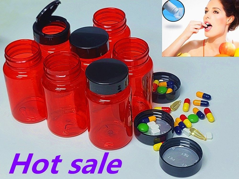 PET plástico vermelho 100 ml 150 ml frasco de remédio sólido cápsula comprimido frasco embalagem recipiente de cuidados de saúde frasco de suplemento