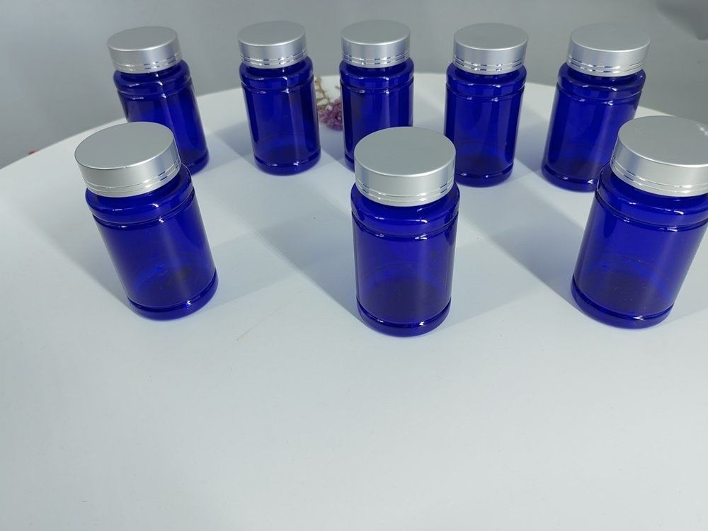 100cc 120cc Botão de plástico para pílulas Cápsulas azul transparente PET recarregável plástico sólido em pó pílula Botão de remédio