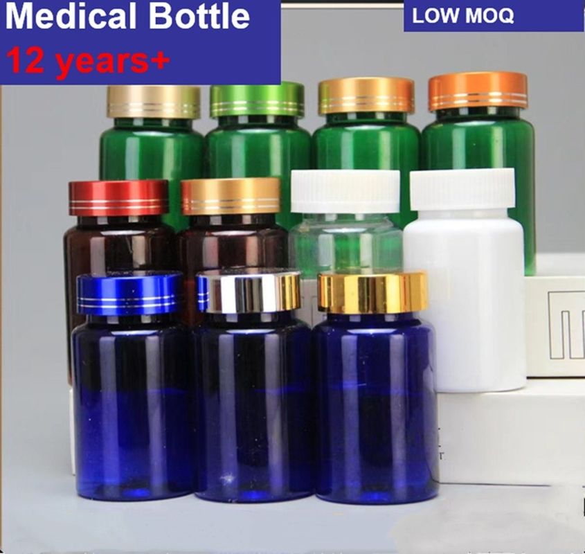 Botão de cápsulas de plástico azul PET de 100 ml com tampa de parafuso prateado